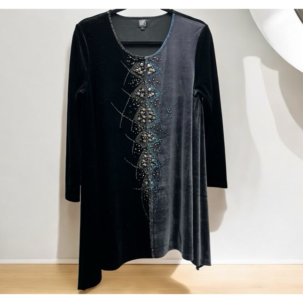 Gump's San Francisco Black Gray Lagenlook Oversized Tunic Top Beaded Size Large